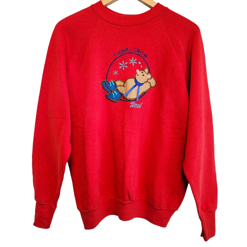 Vintage Teddy Bear Winter Christmas Sweatshirt Sz L Snow Sweater Embroidered